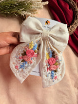 Gazel White Hand Embroidered Bow Hair Clip with Floral Detailing
