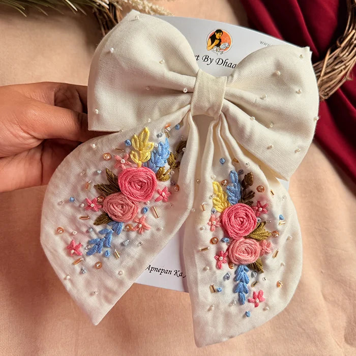 Gazel White Hand Embroidered Bow Hair Clip with Floral Detailing