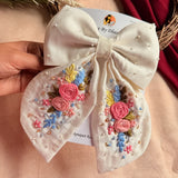 Gazel White Hand Embroidered Bow Hair Clip with Floral Detailing