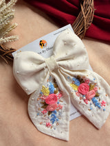 Gazel White Hand Embroidered Bow Hair Clip with Floral Detailing