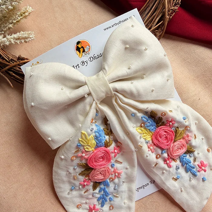 Gazel White Hand Embroidered Bow Hair Clip with Floral Detailing