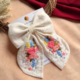 Gazel White Hand Embroidered Bow Hair Clip with Floral Detailing