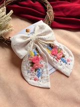 Gazel White Hand Embroidered Bow Hair Clip with Floral Detailing