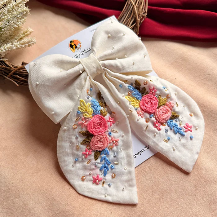 Gazel White Hand Embroidered Bow Hair Clip with Floral Detailing