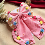 Godavari Pink Hand Embroidered Bow Hair Clip with Pearl Detailing