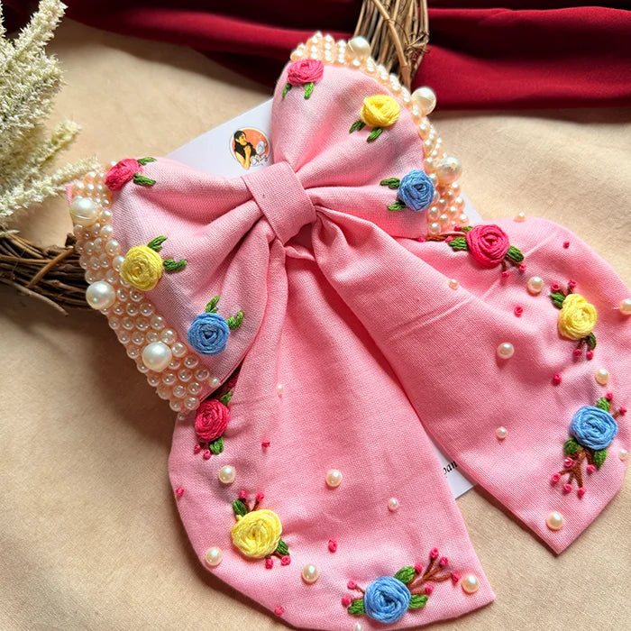 Godavari Pink Hand Embroidered Bow Hair Clip with Pearl Detailing