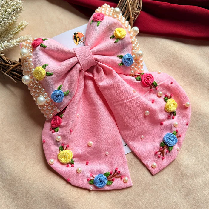 Godavari Pink Hand Embroidered Bow Hair Clip with Pearl Detailing