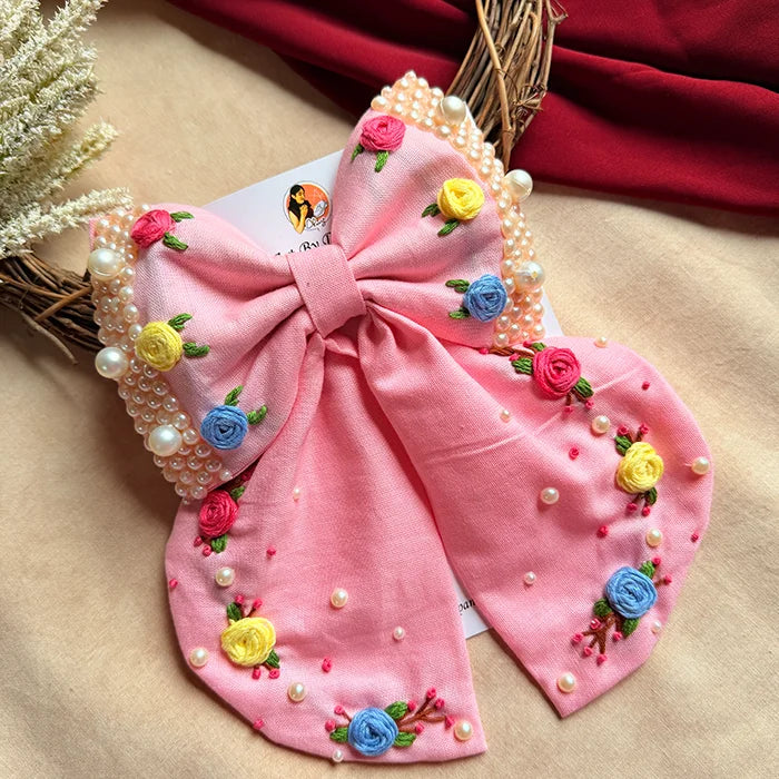 Godavari Pink Hand Embroidered Bow Hair Clip with Pearl Detailing