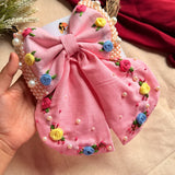 Godavari Pink Hand Embroidered Bow Hair Clip with Pearl Detailing