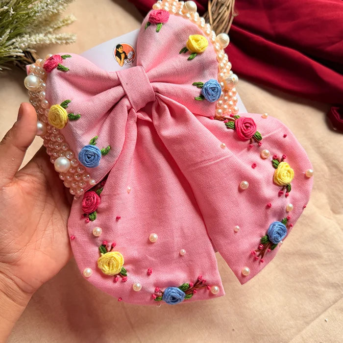 Godavari Pink Hand Embroidered Bow Hair Clip with Pearl Detailing