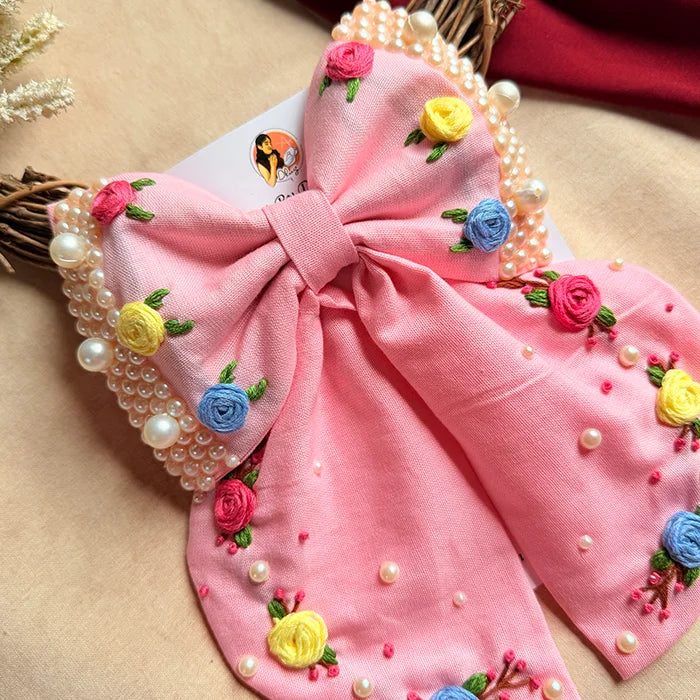 Godavari Pink Hand Embroidered Bow Hair Clip with Pearl Detailing