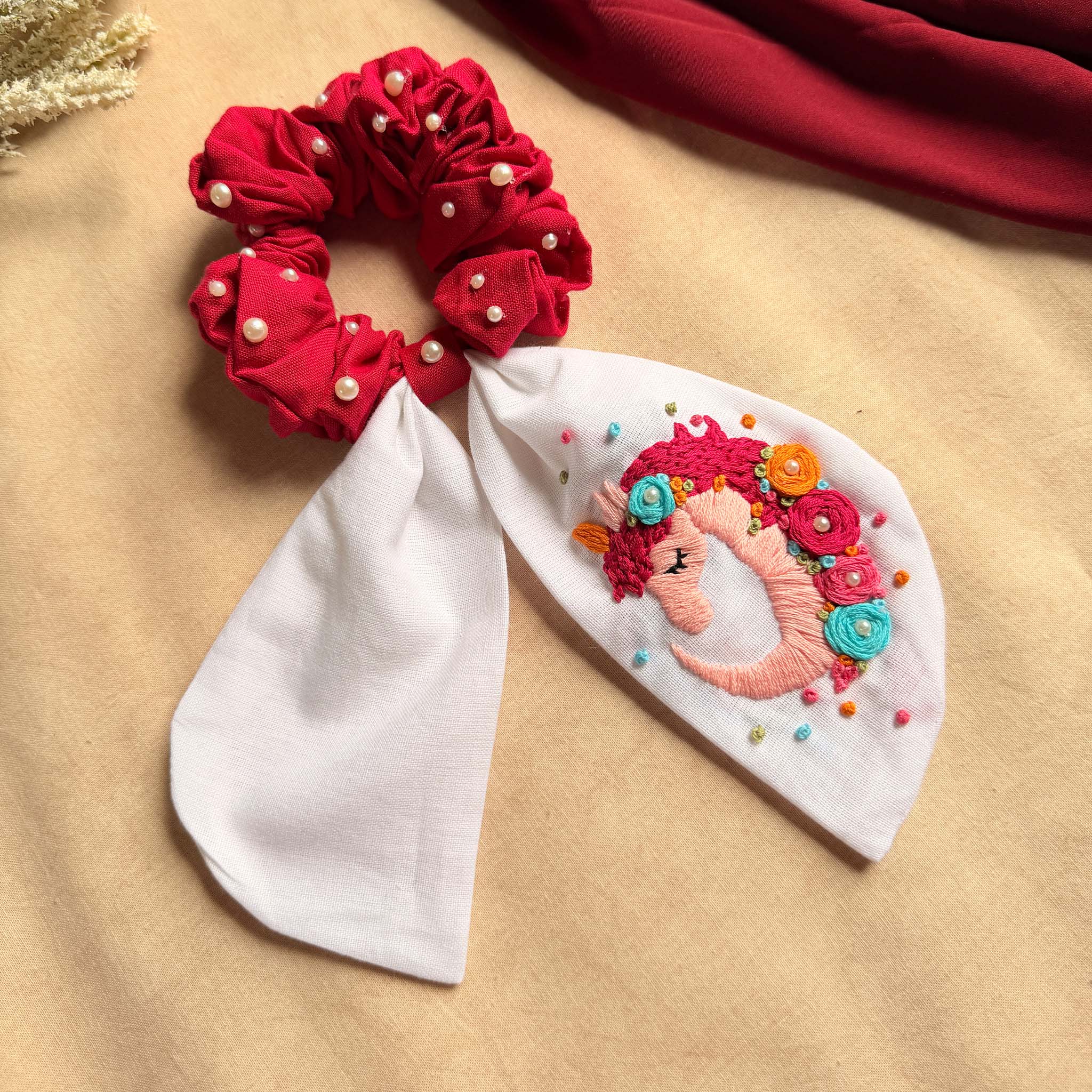 Unicorn Embroidered Pearl Scrunchie Bow