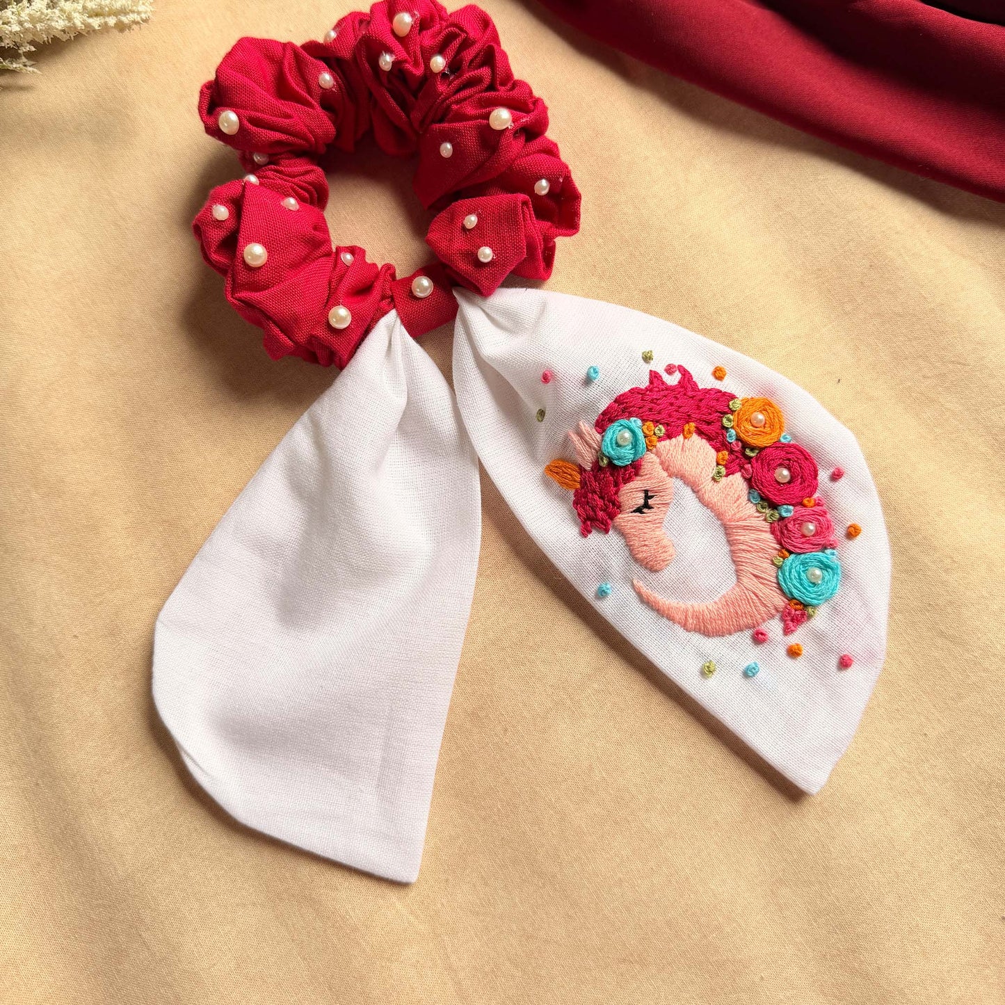 Unicorn Embroidered Pearl Scrunchie Bow