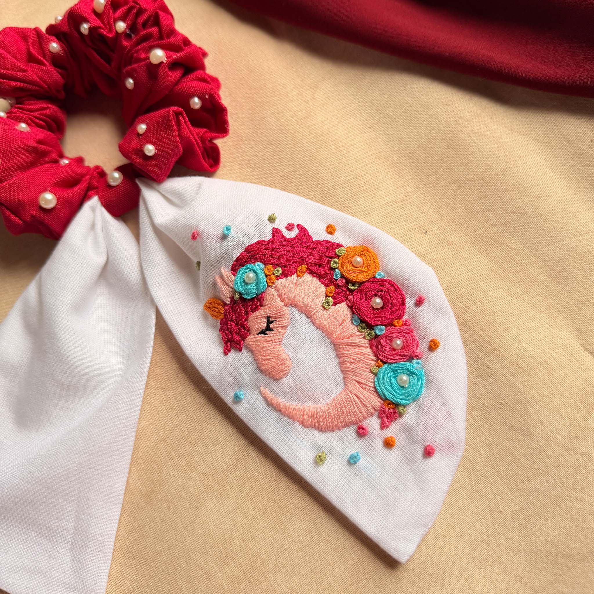 Unicorn Embroidered Pearl Scrunchie Bow