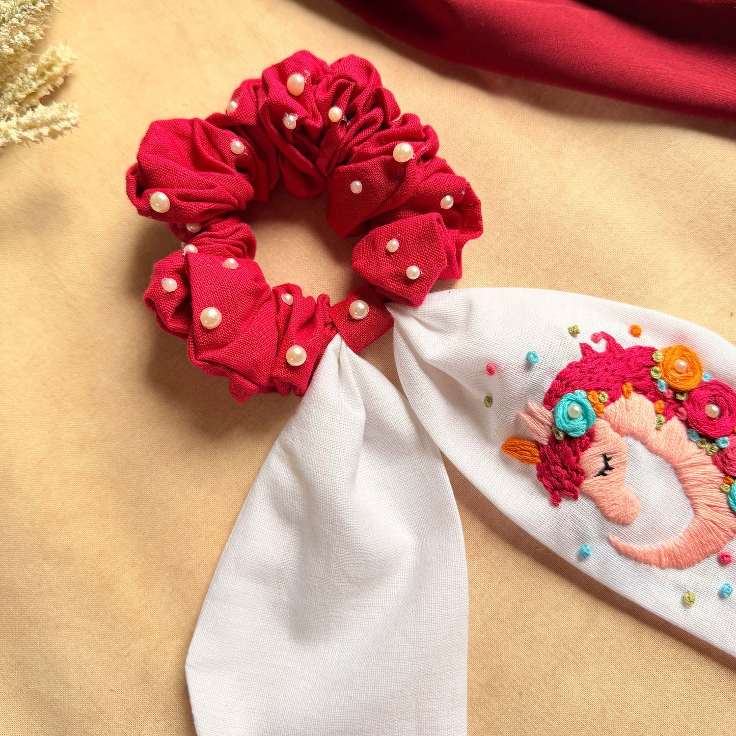 Unicorn Embroidered Pearl Scrunchie Bow