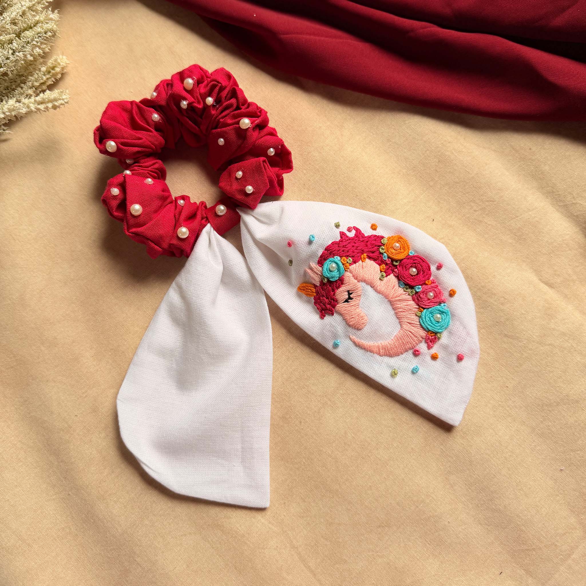 Unicorn Embroidered Pearl Scrunchie Bow