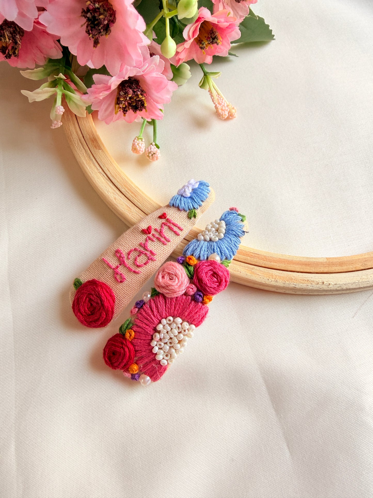 Personalized Name Hand Embroidered Beige Tic-Tac Hair Clips