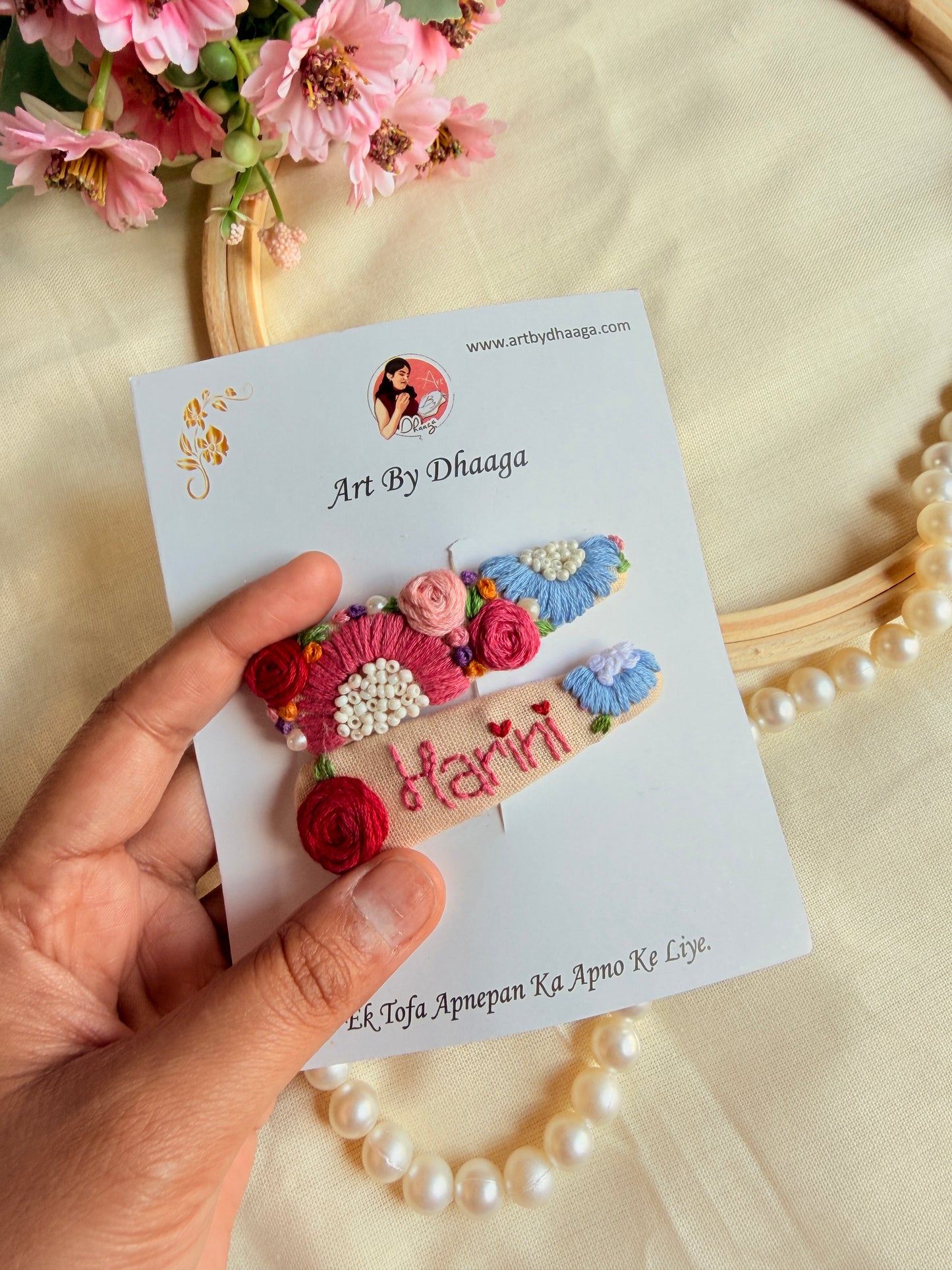 Personalized Name Hand Embroidered Beige Tic-Tac Hair Clips