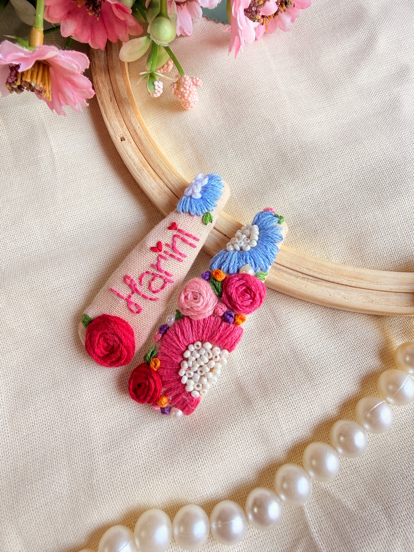 Personalized Name Hand Embroidered Beige Tic-Tac Hair Clips