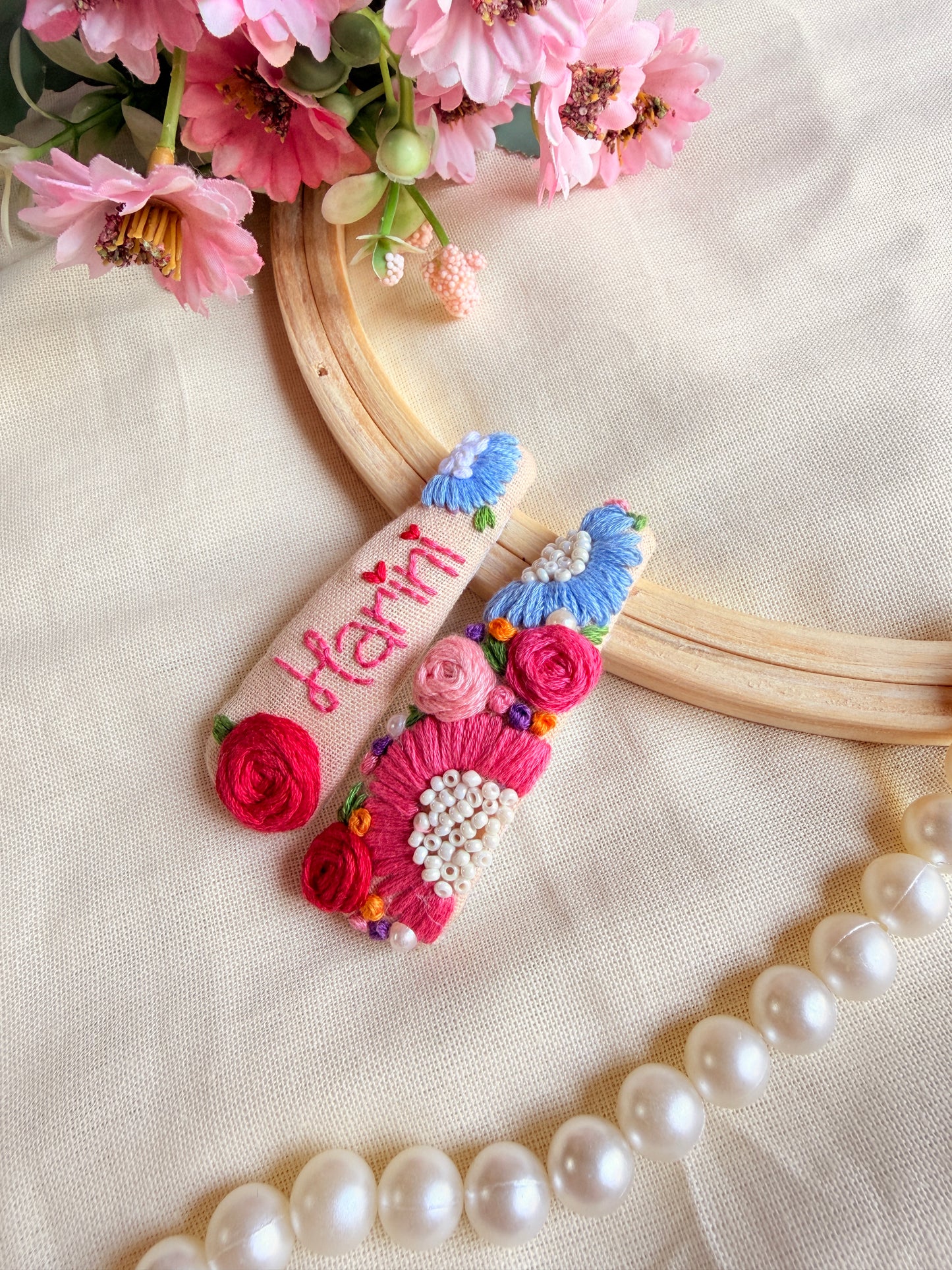 Personalized Name Hand Embroidered Beige Tic-Tac Hair Clips
