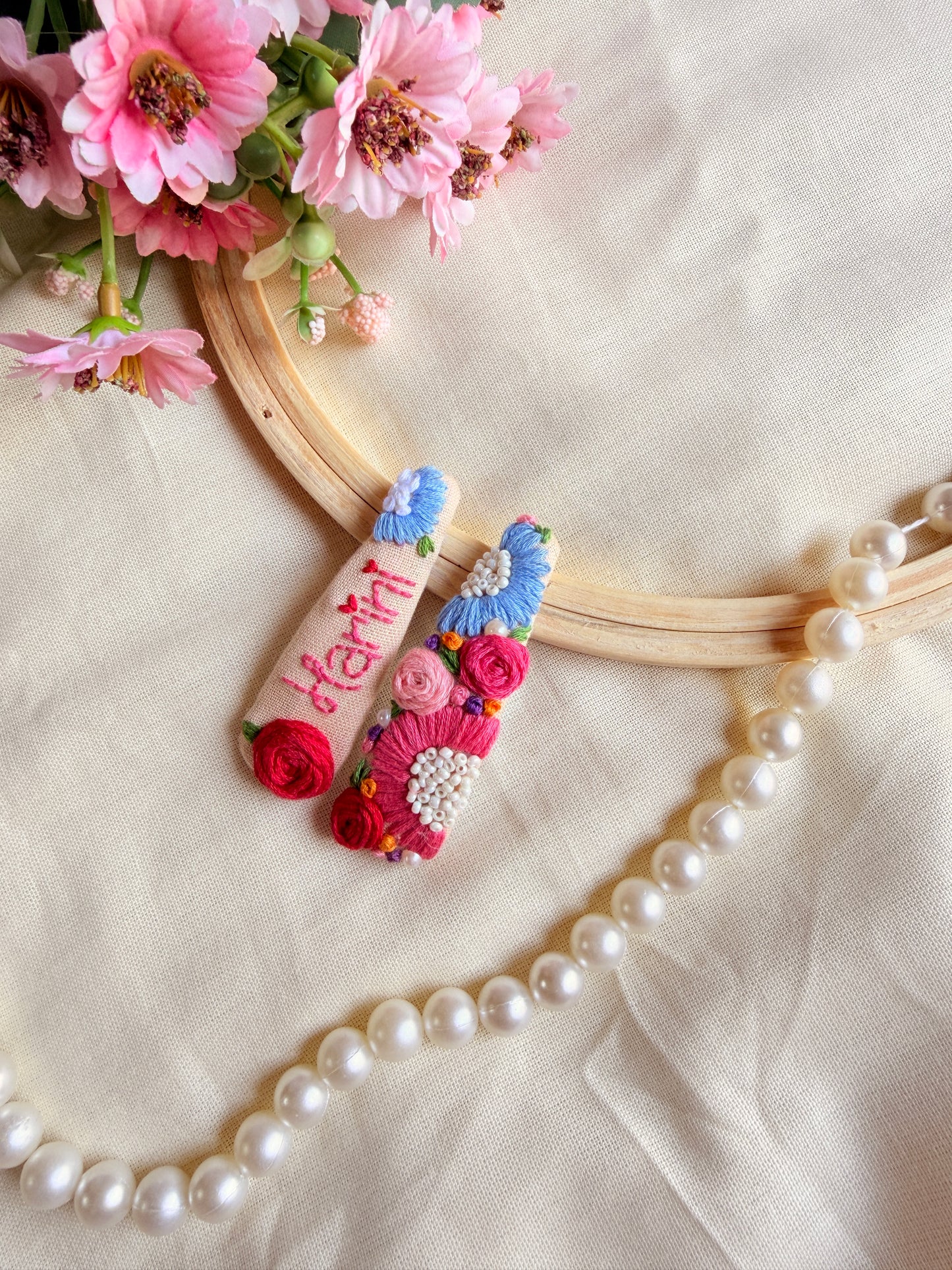 Personalized Name Hand Embroidered Beige Tic-Tac Hair Clips
