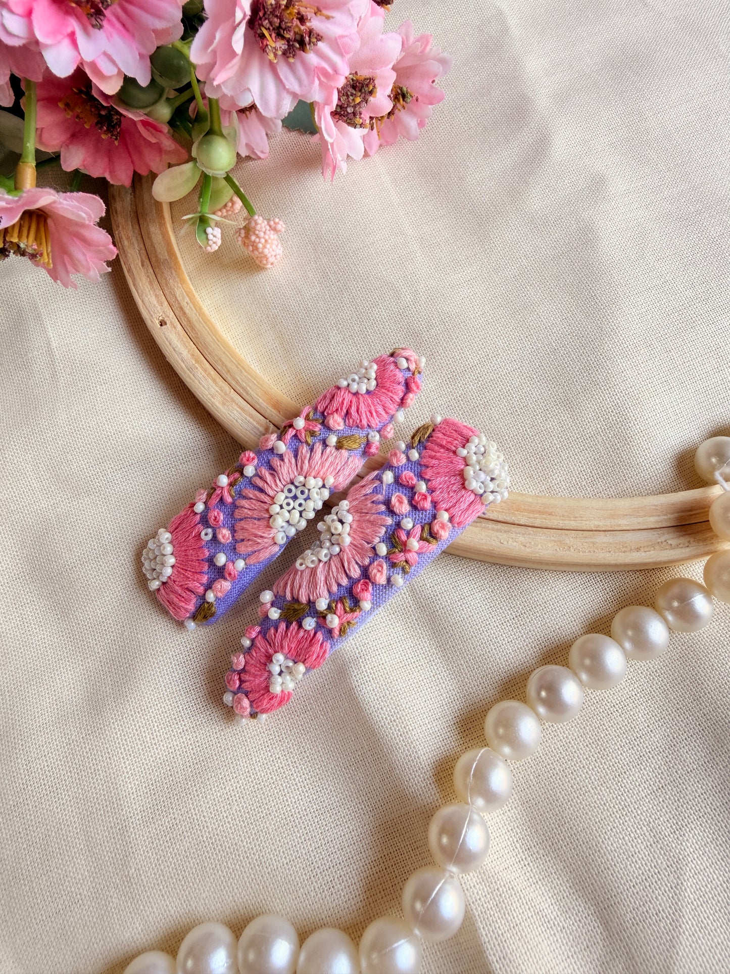 Inchanted Lavender Hand Embroidered Tic-Tac Hair Clips