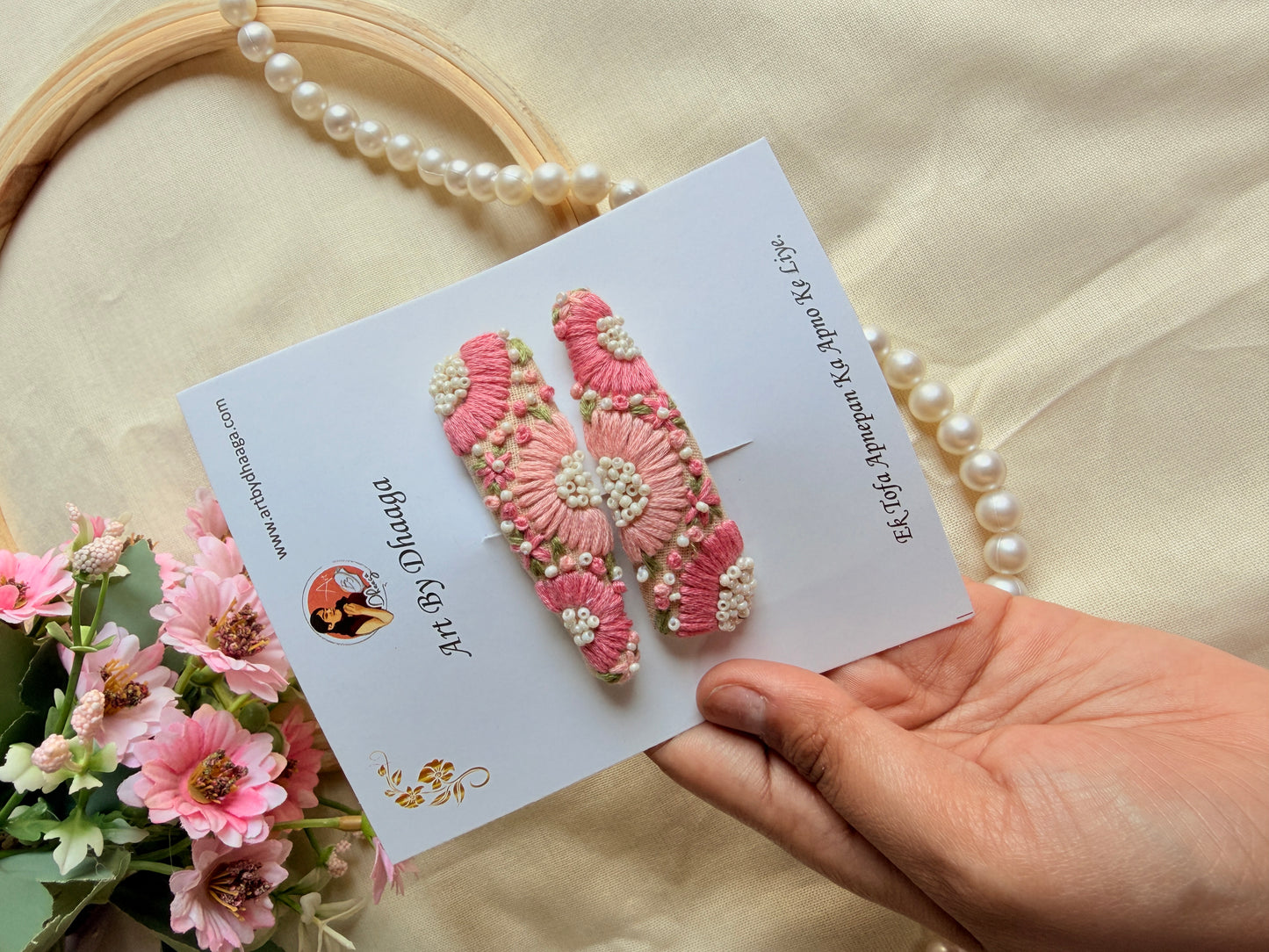 Inchanted Beige Hand Embroidered Tic-Tac Hair Clips