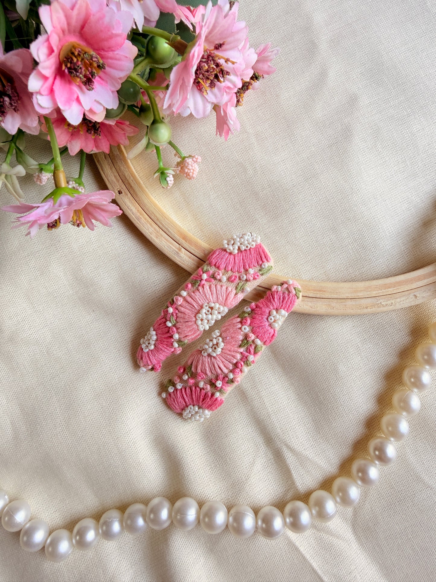 Inchanted Beige Hand Embroidered Tic-Tac Hair Clips