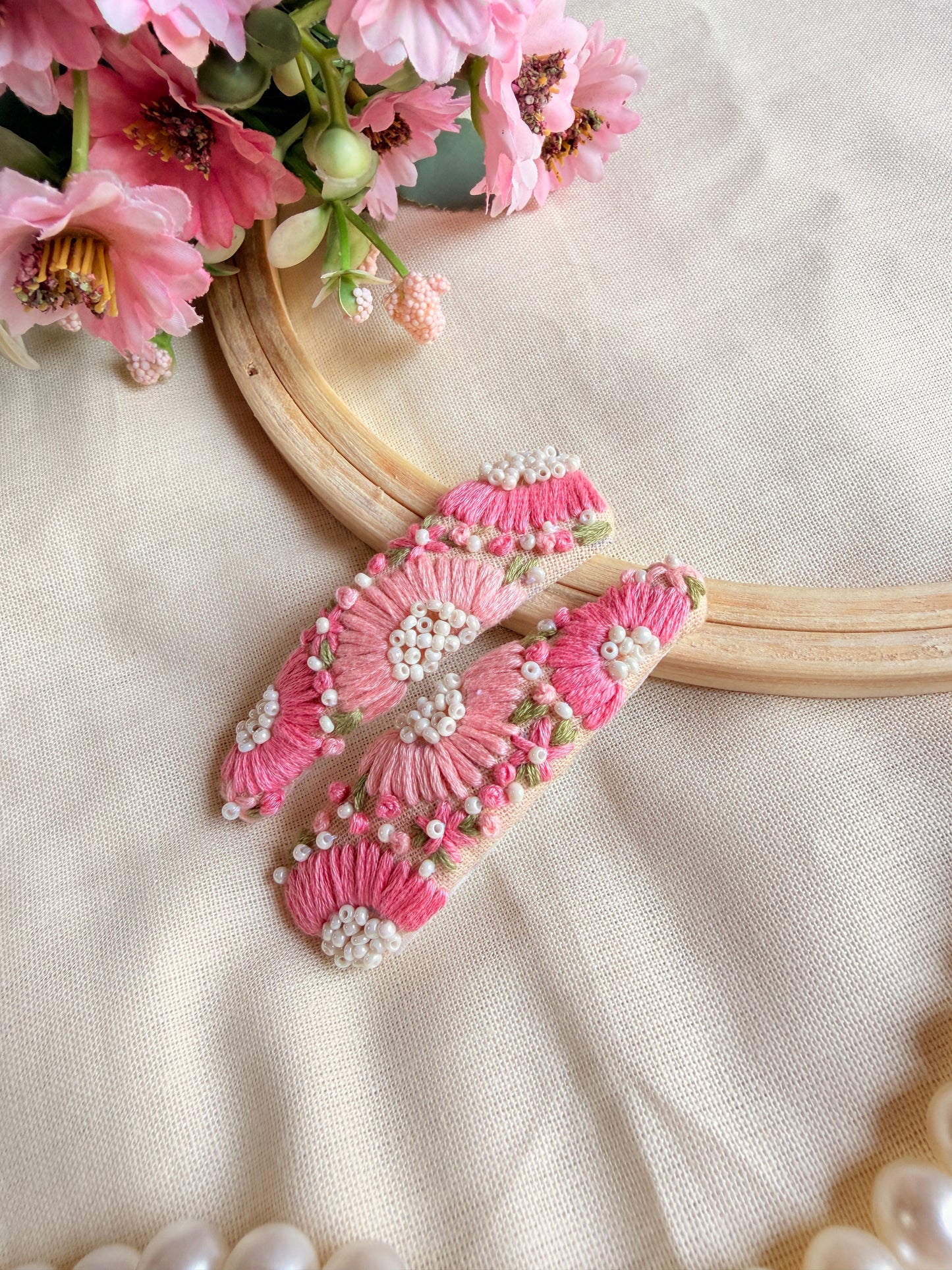 Inchanted Beige Hand Embroidered Tic-Tac Hair Clips