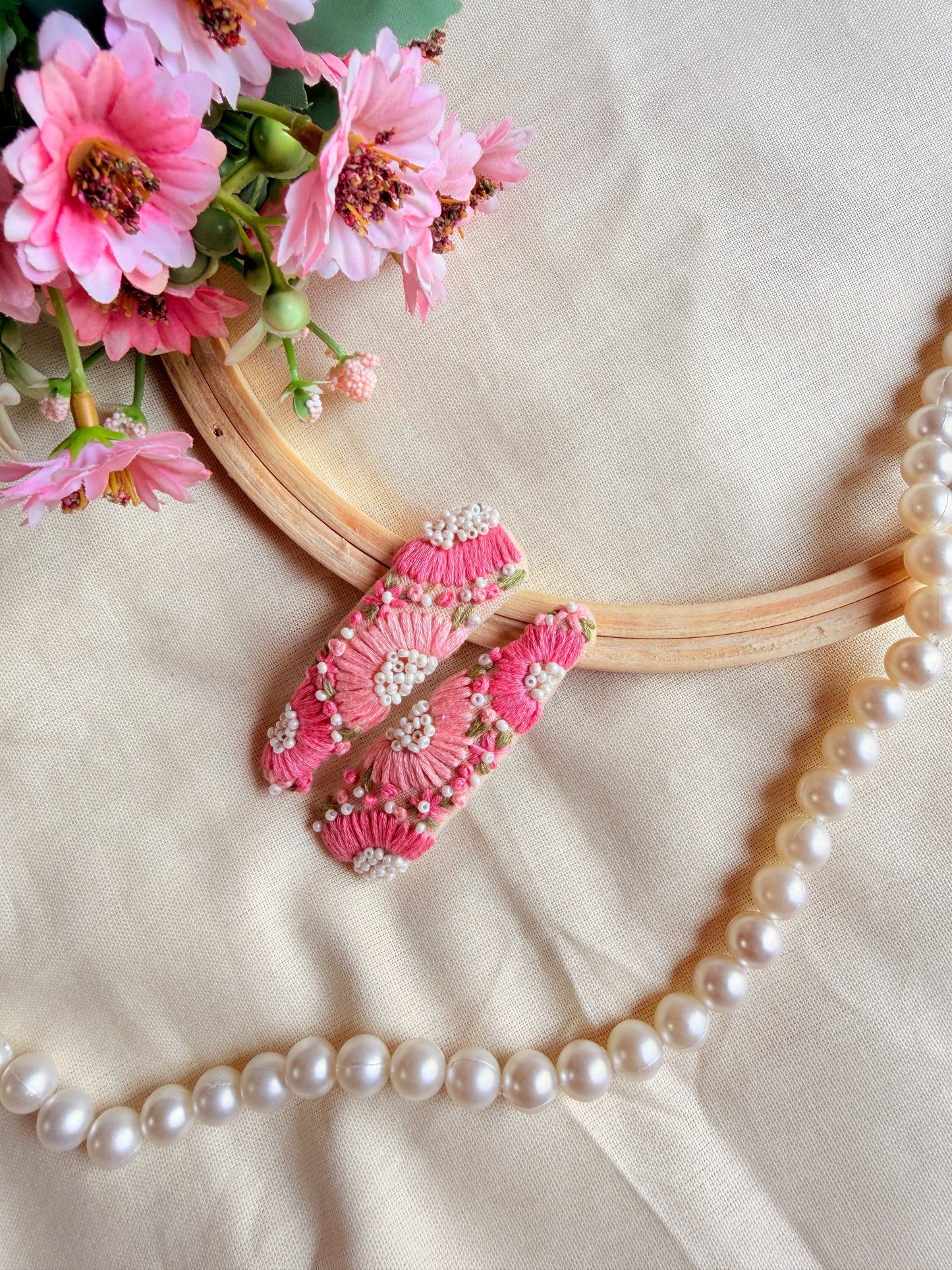 Inchanted Beige Hand Embroidered Tic-Tac Hair Clips