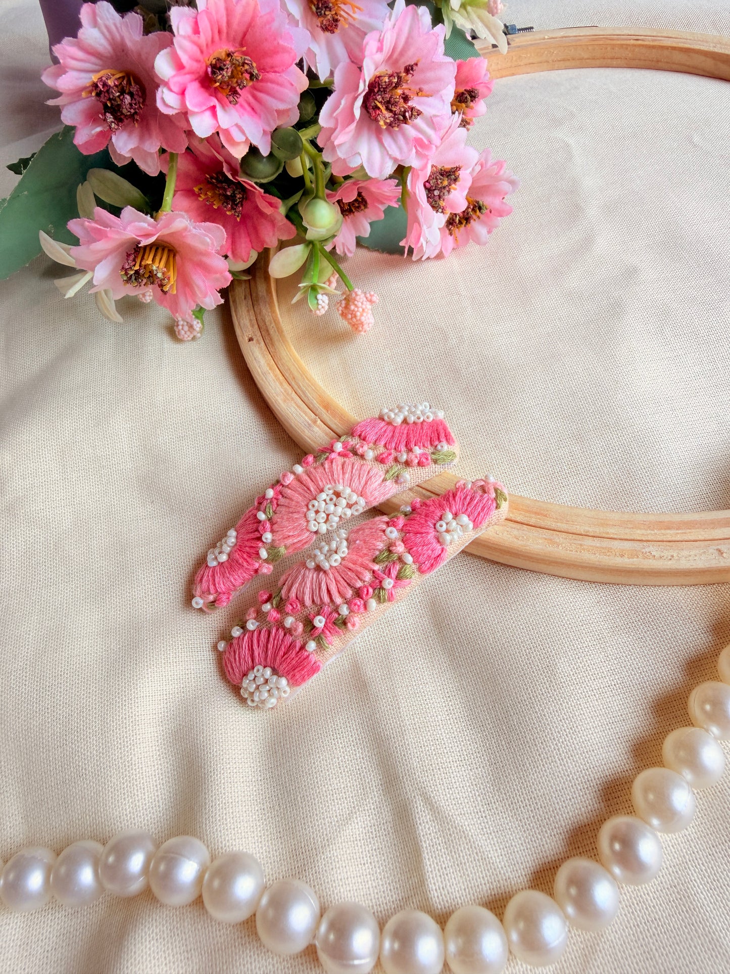 Inchanted Beige Hand Embroidered Tic-Tac Hair Clips