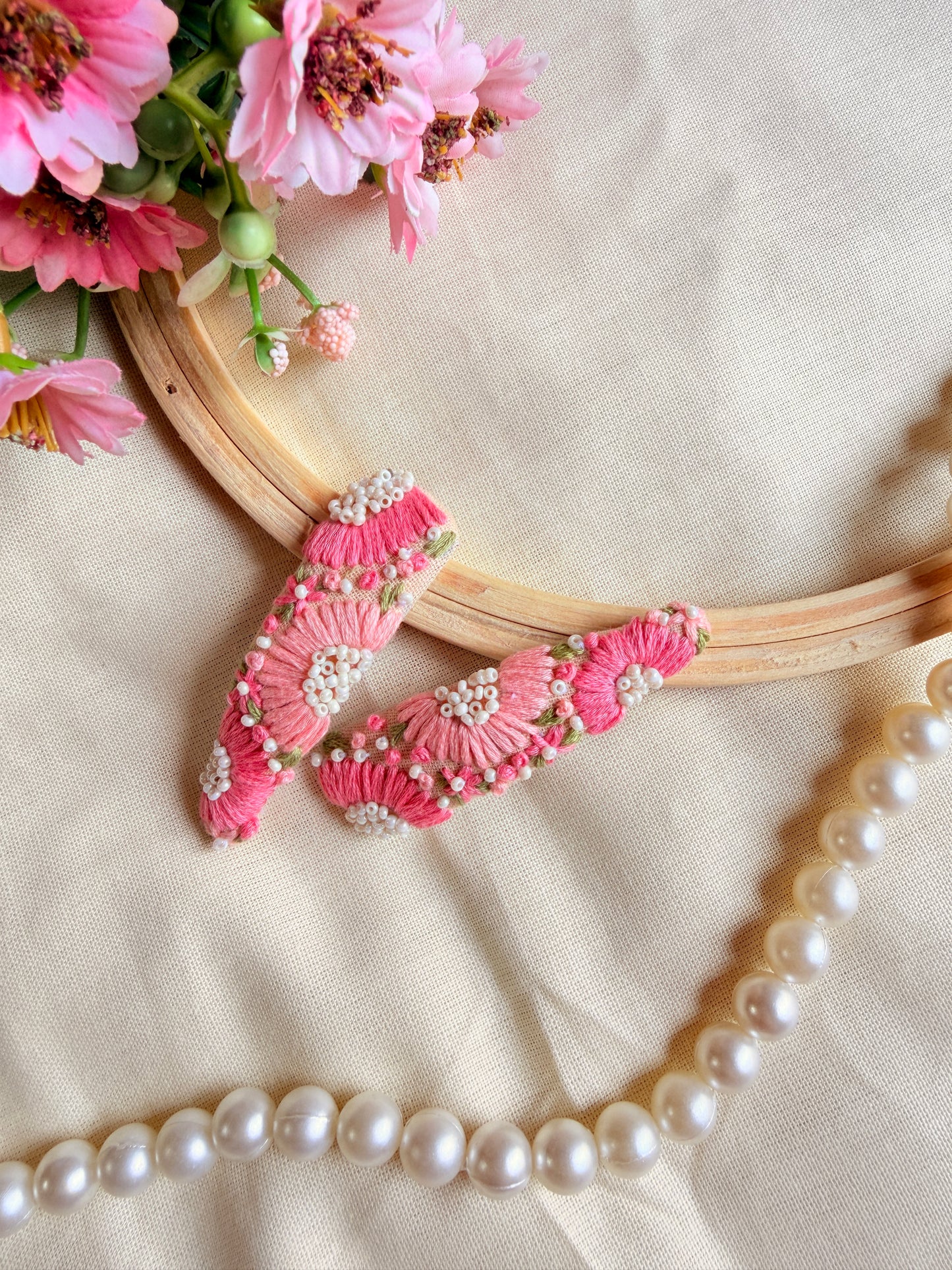 Inchanted Beige Hand Embroidered Tic-Tac Hair Clips