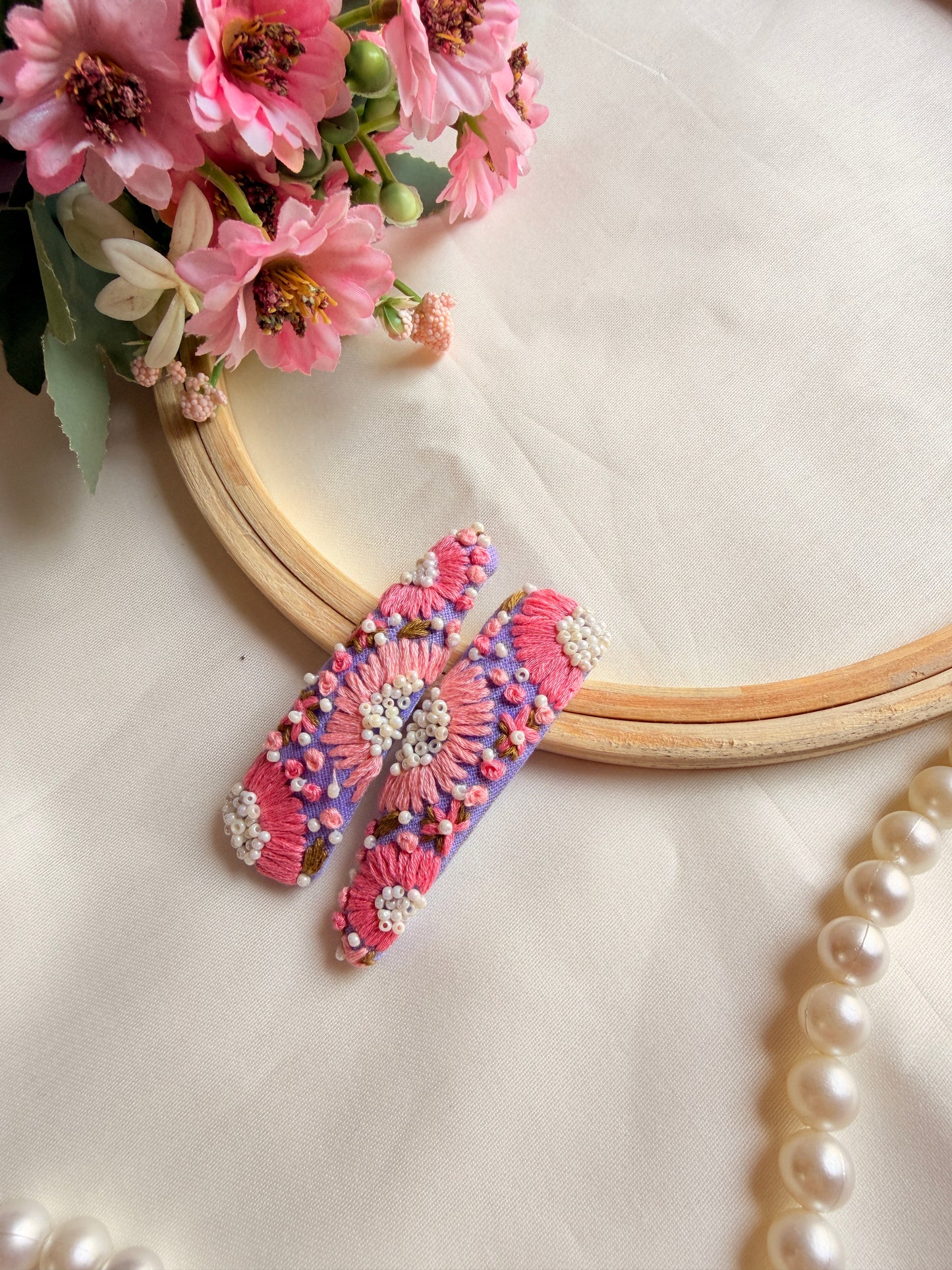 Inchanted Lavender Hand Embroidered Tic-Tac Hair Clips