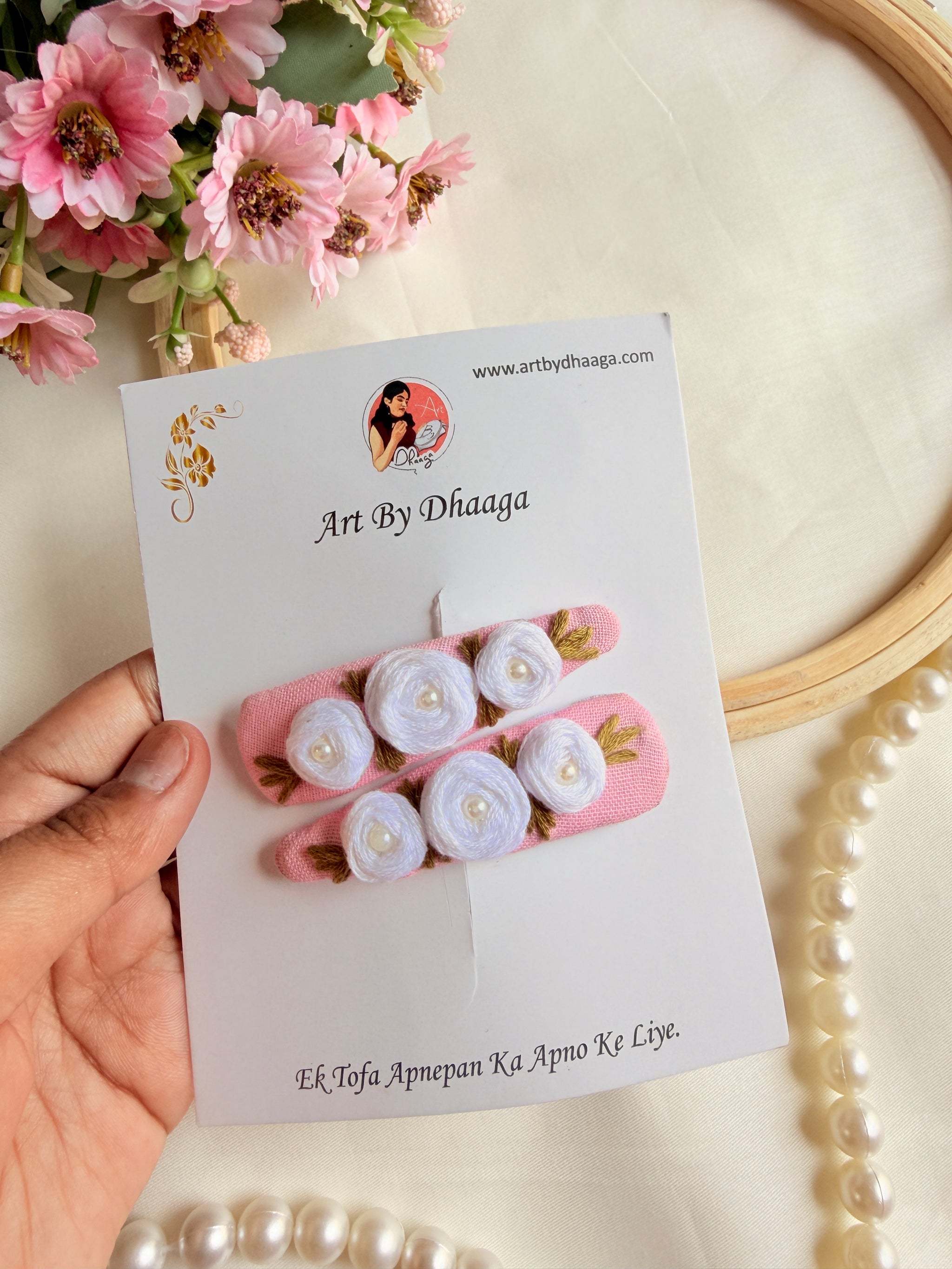 Niya Pink Hand Embroidered Floral Tic-Tac Hair Clips