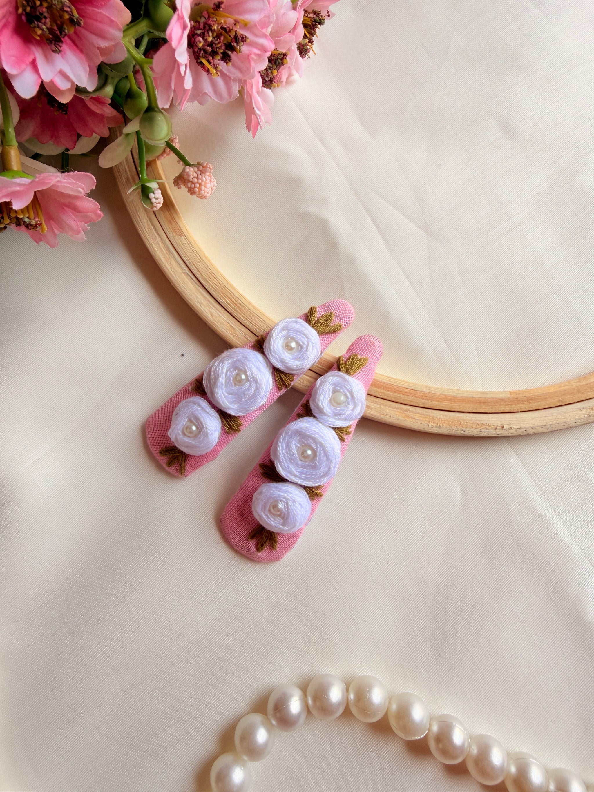 Niya Pink Hand Embroidered Floral Tic-Tac Hair Clips