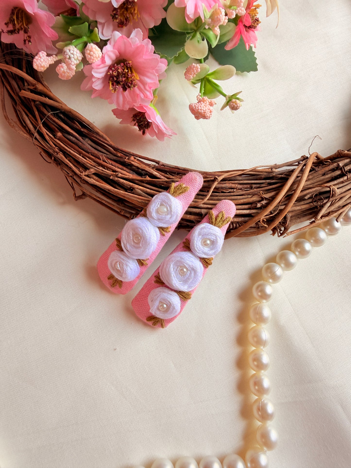 Niya Pink Hand Embroidered Floral Tic-Tac Hair Clips