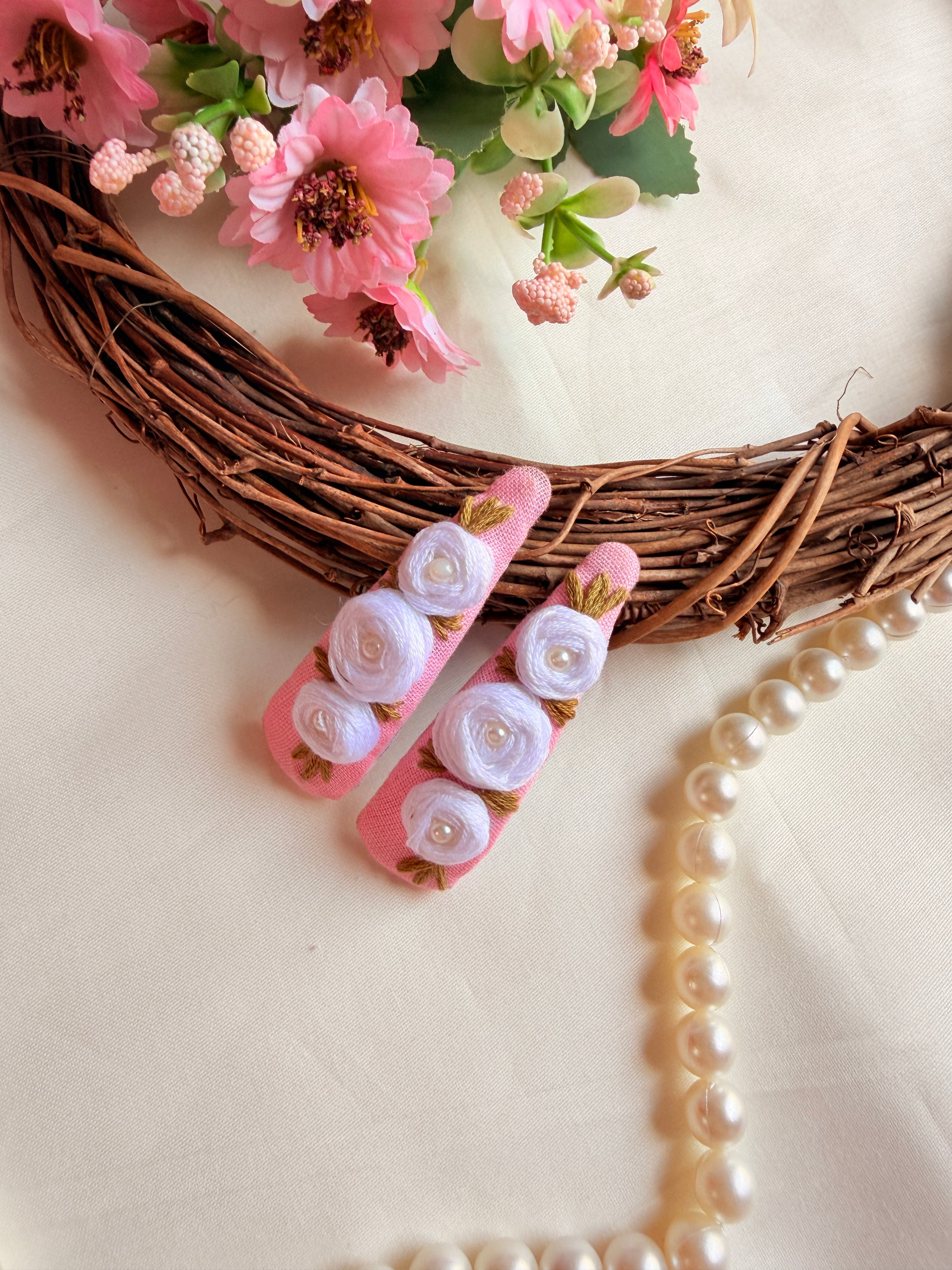 Niya Pink Hand Embroidered Floral Tic-Tac Hair Clips