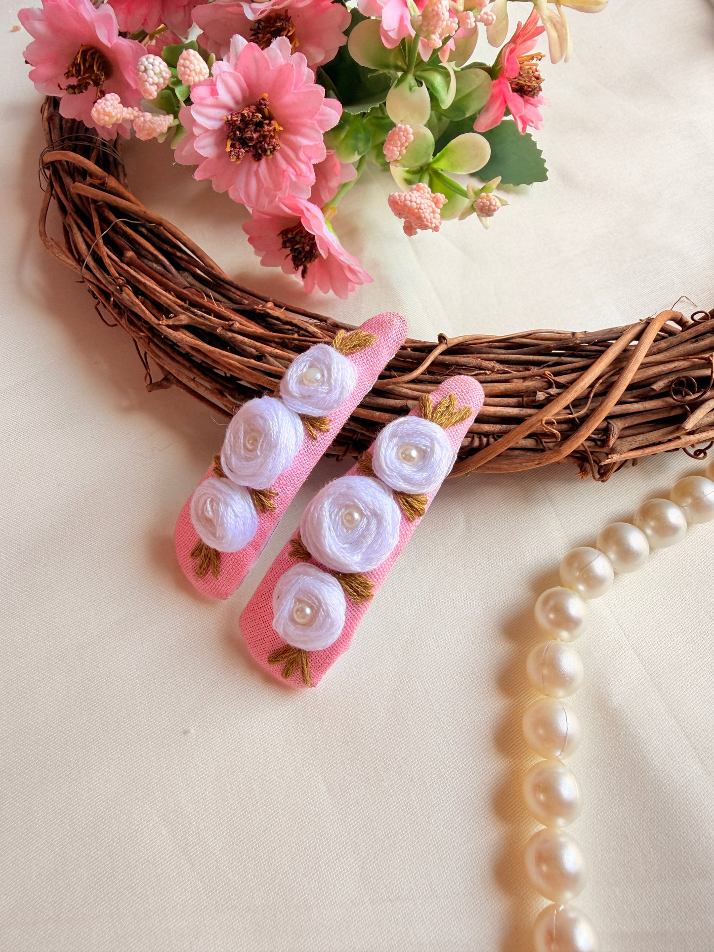 Niya Pink Hand Embroidered Floral Tic-Tac Hair Clips