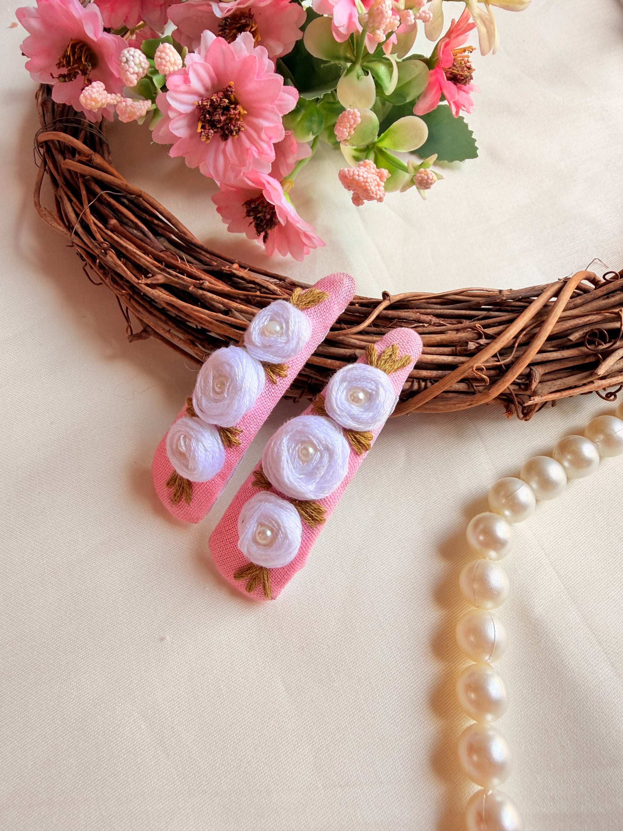 Niya Pink Hand Embroidered Floral Tic-Tac Hair Clips