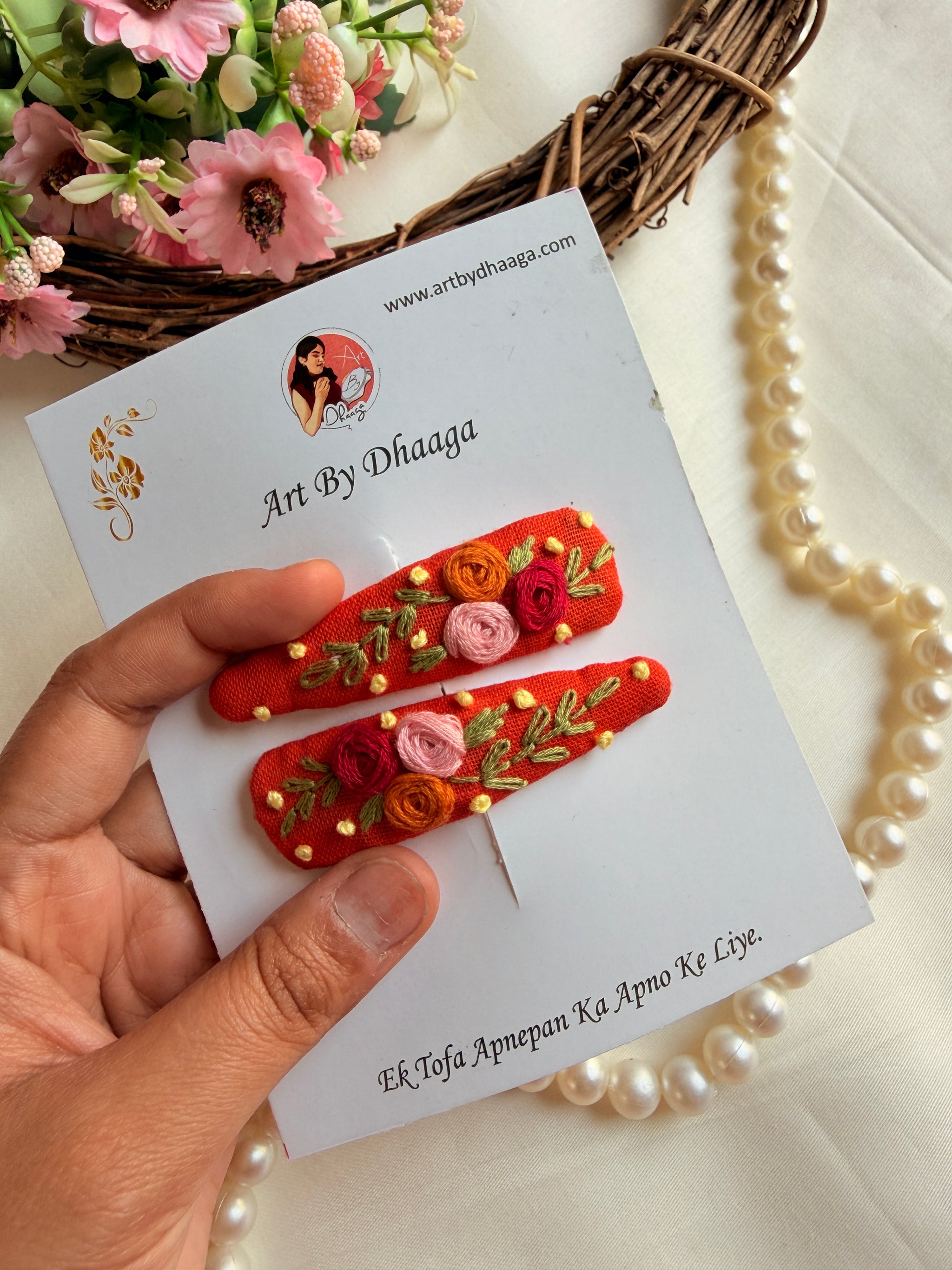 Ravi Hand Embroidered Floral Tic-Tac Hair Clips