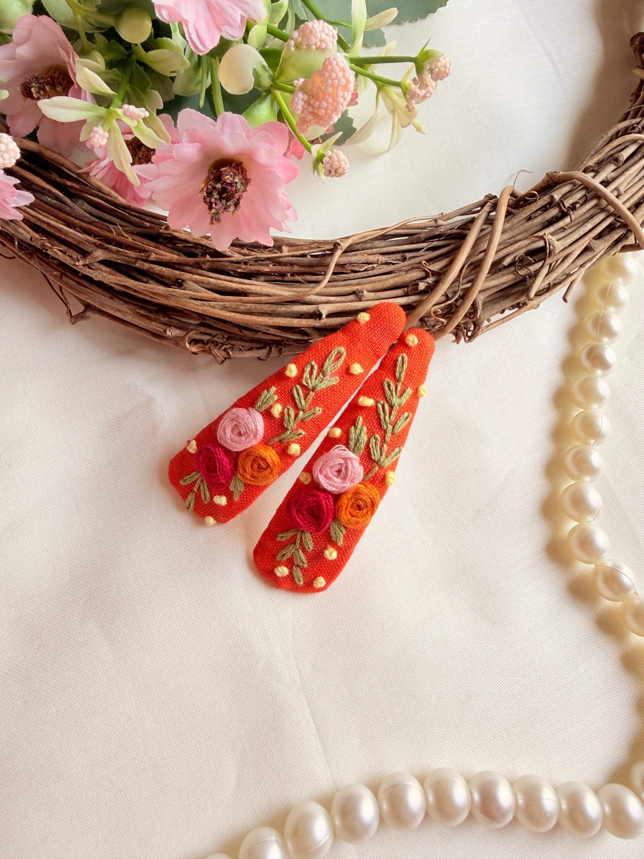 Ravi Hand Embroidered Floral Tic-Tac Hair Clips