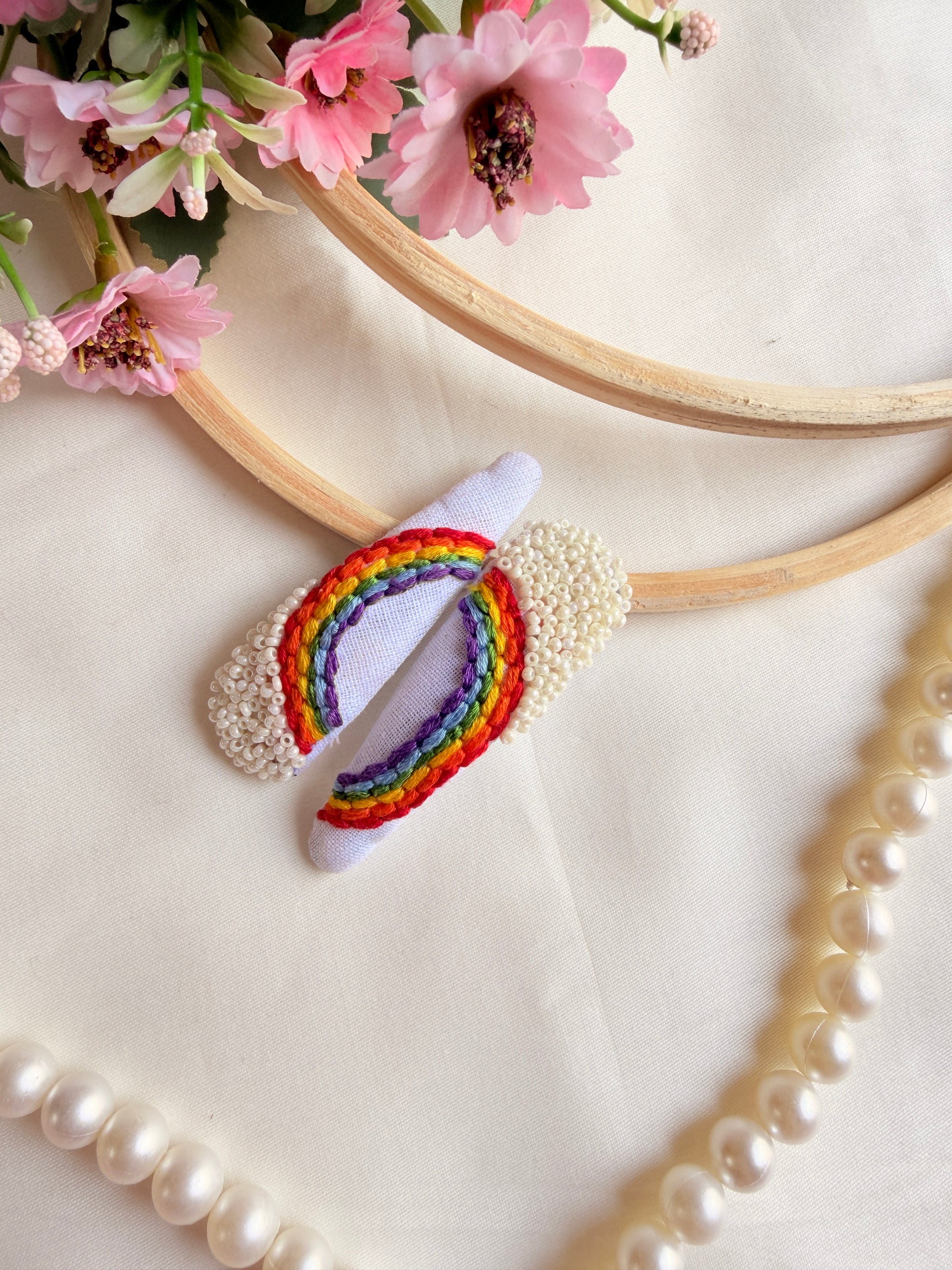 Rainbow Hand Embroidered Tic-Tac Hair Clips with Pearl Detailing