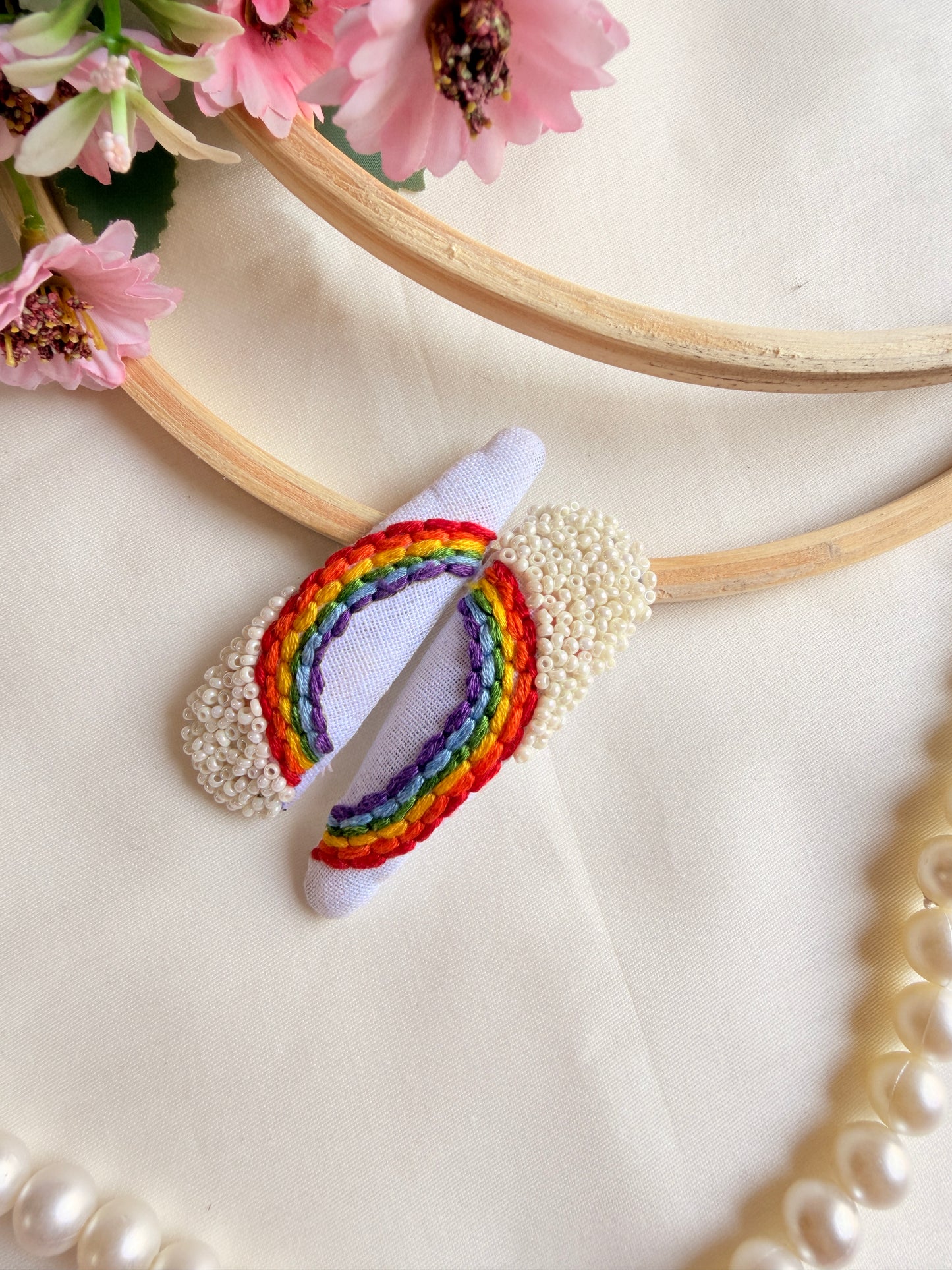 Rainbow Hand Embroidered Tic-Tac Hair Clips with Pearl Detailing