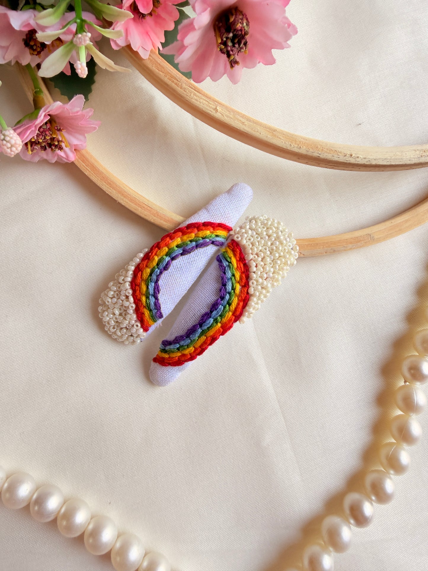 Rainbow Hand Embroidered Tic-Tac Hair Clips with Pearl Detailing