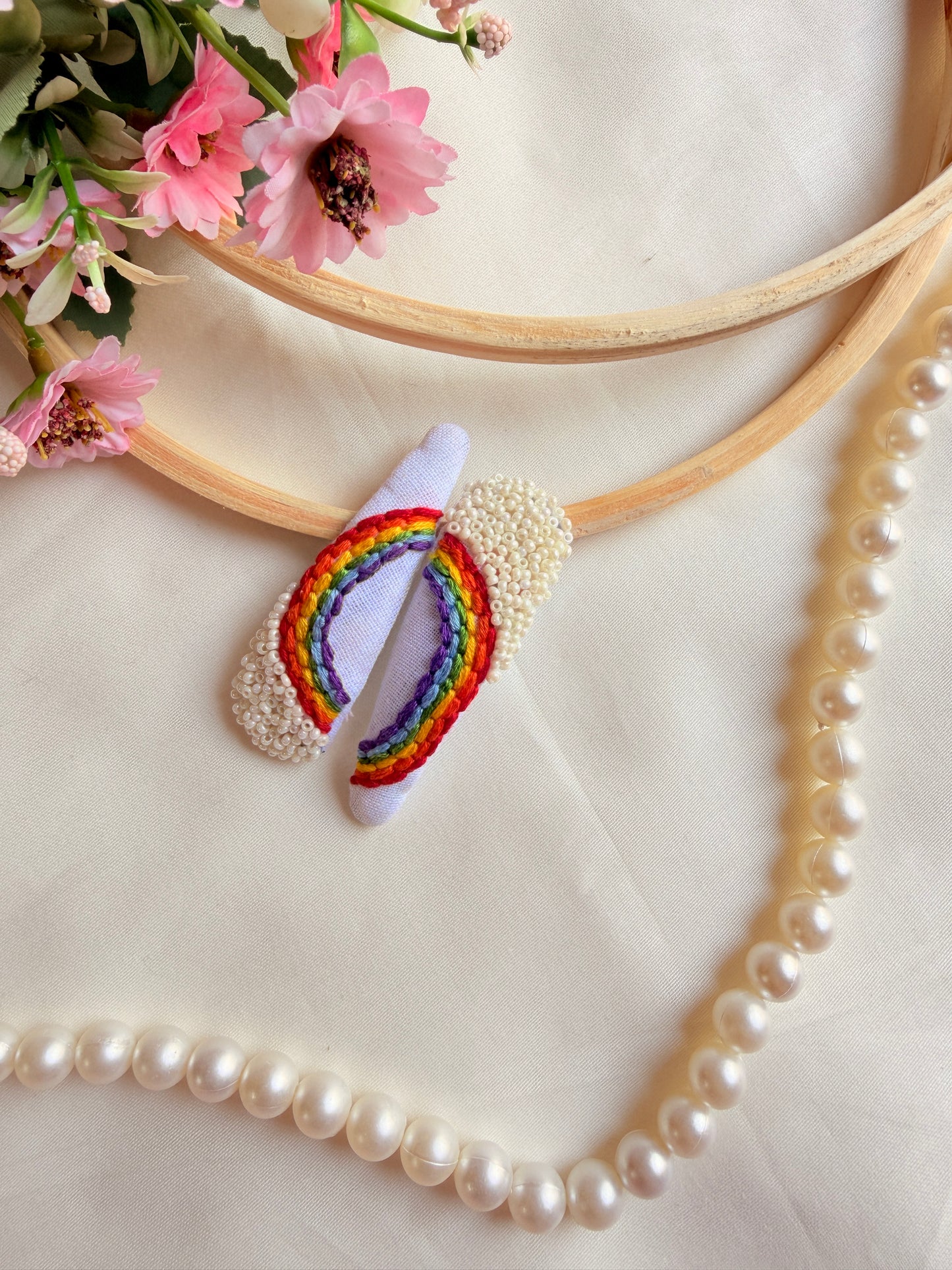 Rainbow Hand Embroidered Tic-Tac Hair Clips with Pearl Detailing