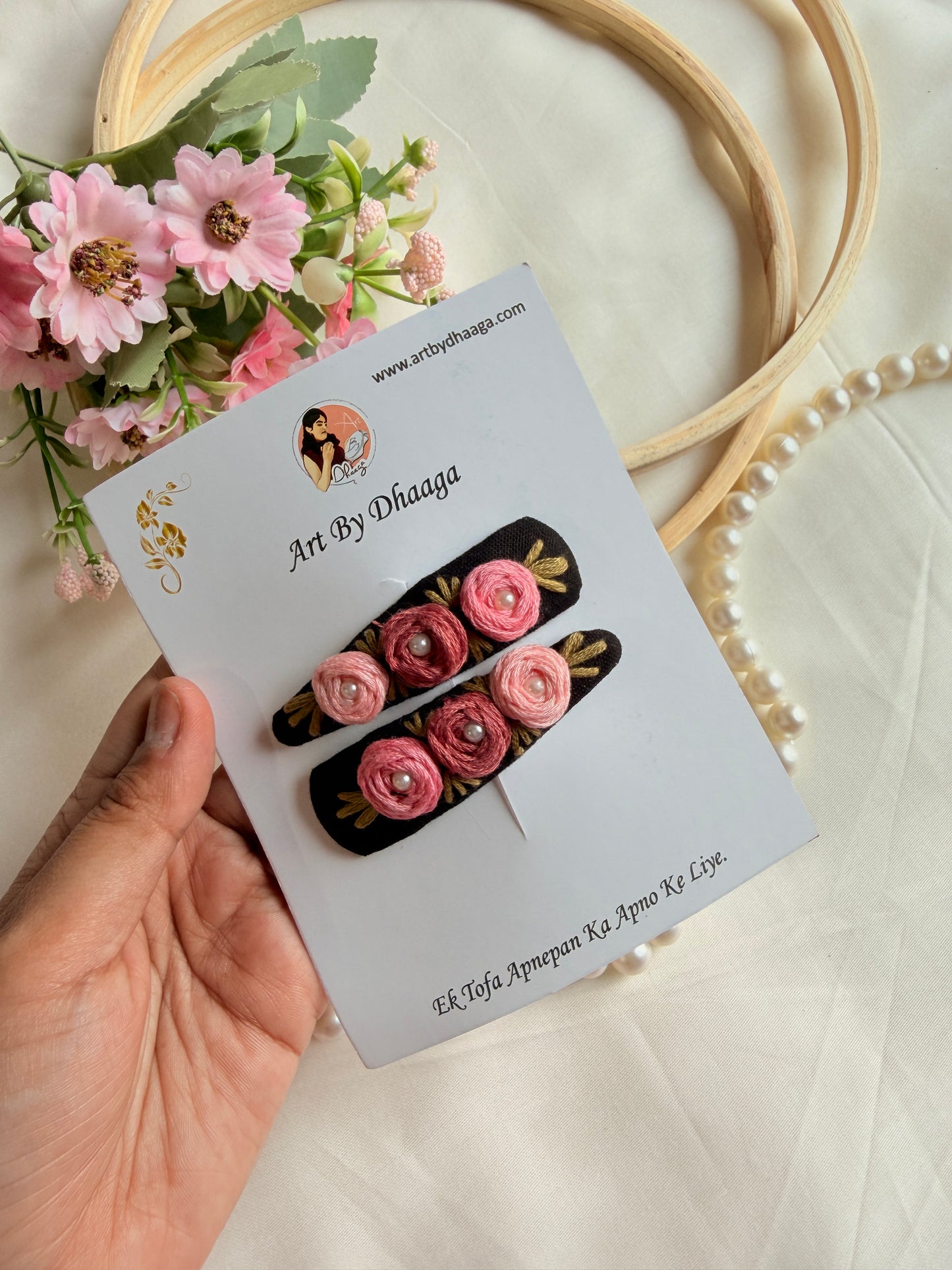 Niya Black Hand Embroidered Floral Tic-Tac Hair Clips