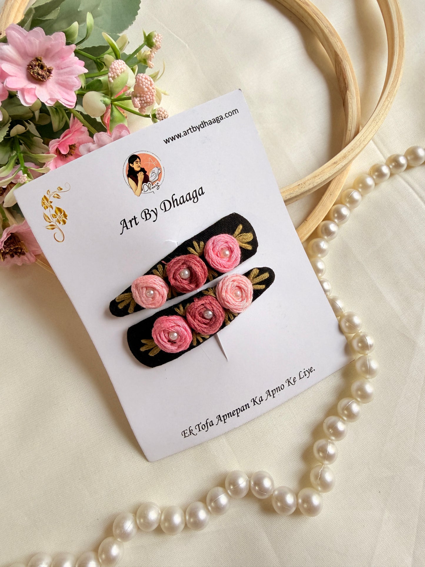 Niya Black Hand Embroidered Floral Tic-Tac Hair Clips