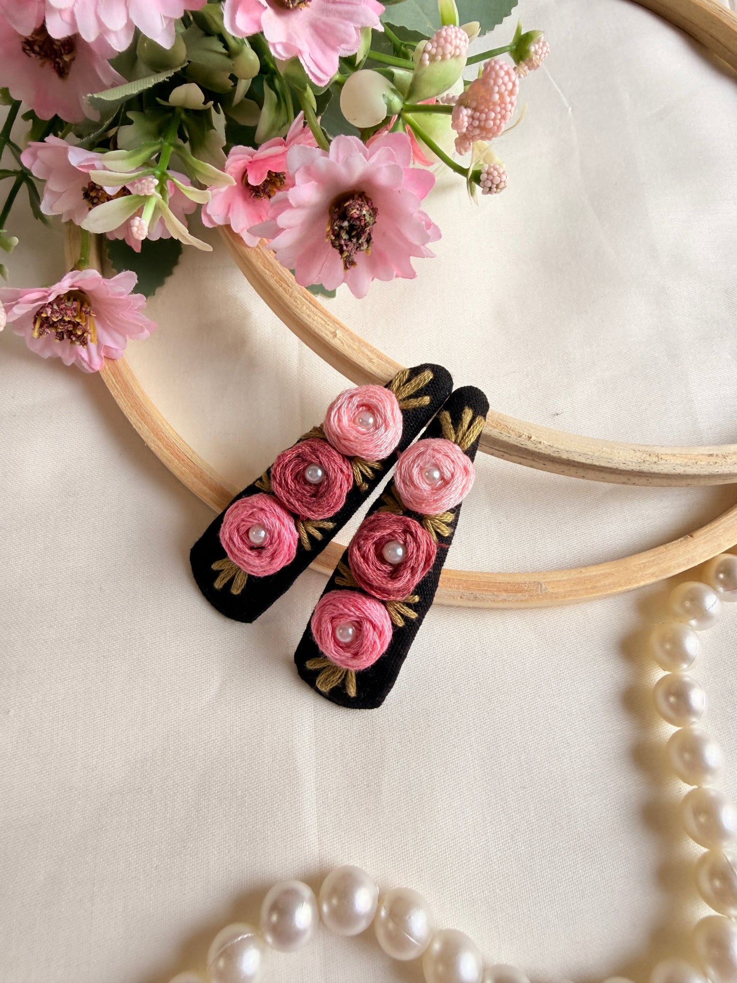 Niya Black Hand Embroidered Floral Tic-Tac Hair Clips
