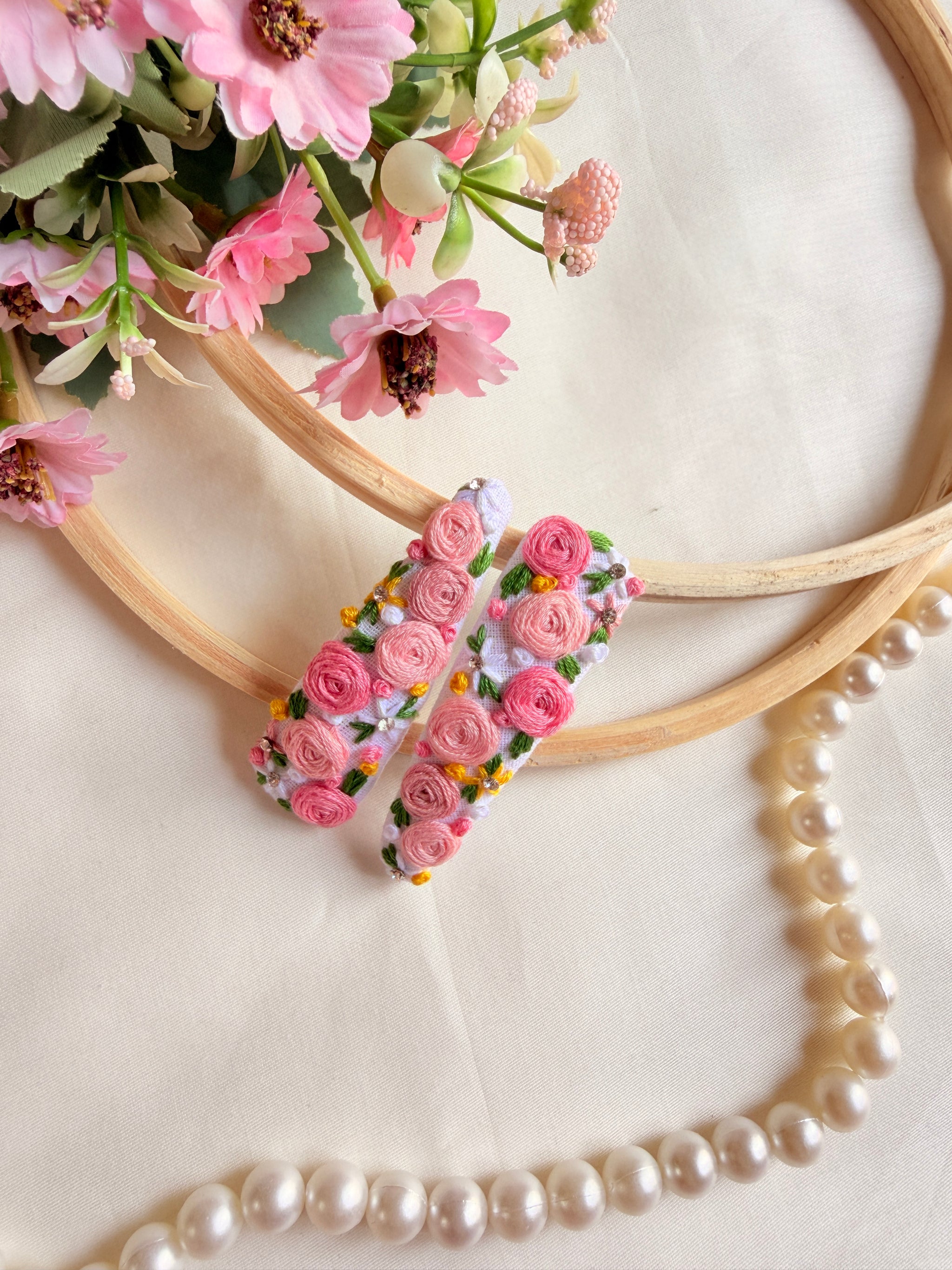 Love Me Like You Do Hand Embroidered Floral Tic-Tac Hair Clips