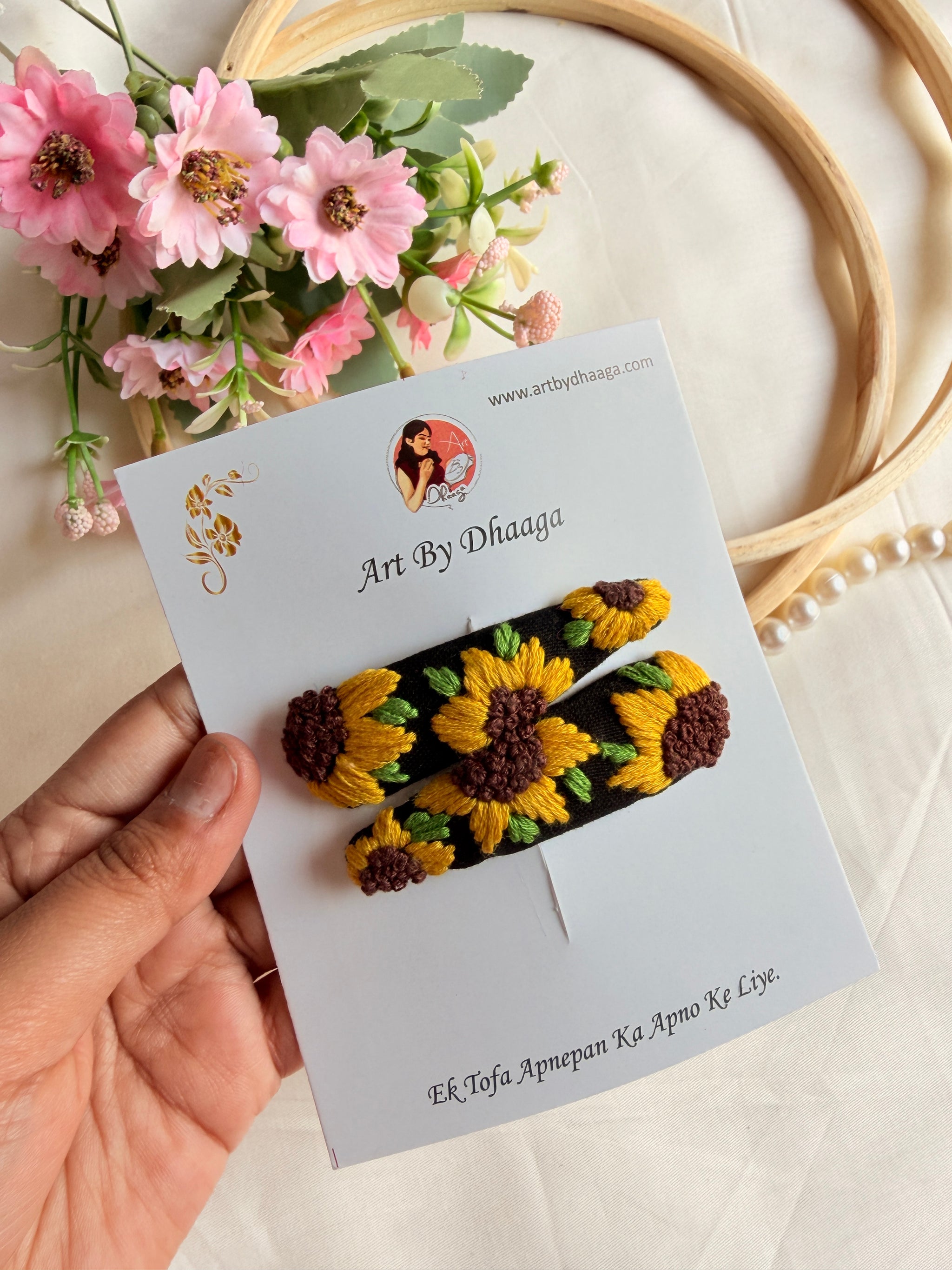Sunflower Hand Embroidered Black Floral Tic-Tac Hair Clips